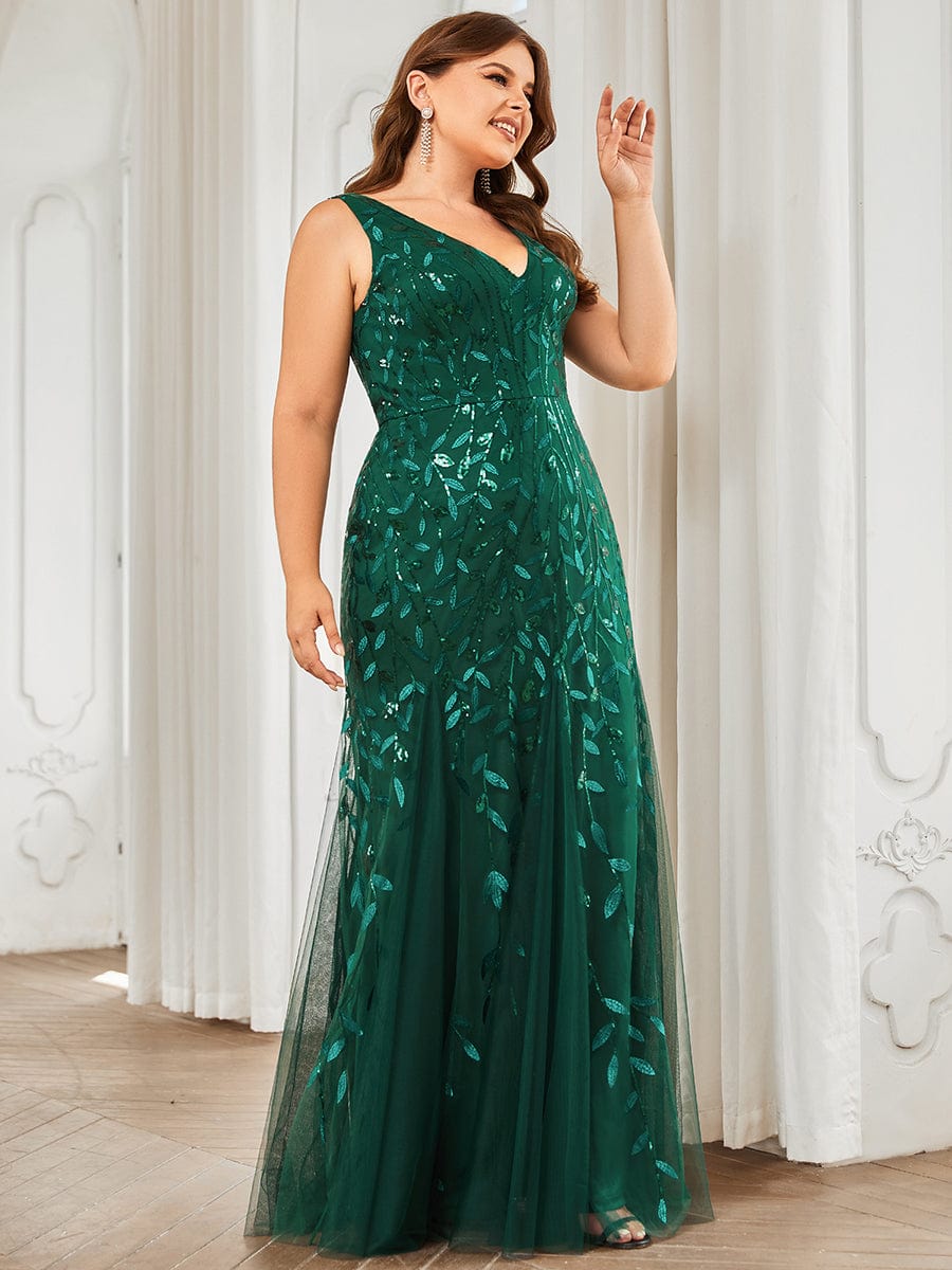 Plus Size Women's V-Neck Fishtail Seuqin Evening Dress #color_Dark Green