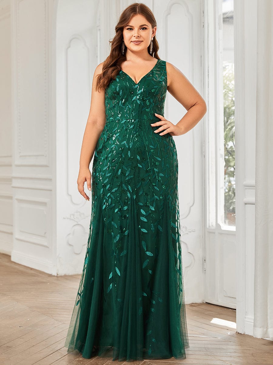 Plus Size Women's V-Neck Fishtail Seuqin Evening Dress #color_Dark Green