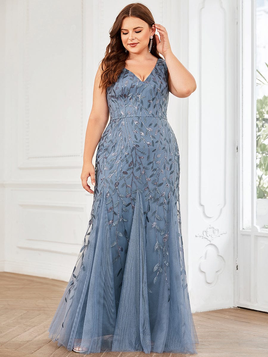 Plus Size Women's V-Neck Fishtail Seuqin Evening Dress #color_Dusty Navy