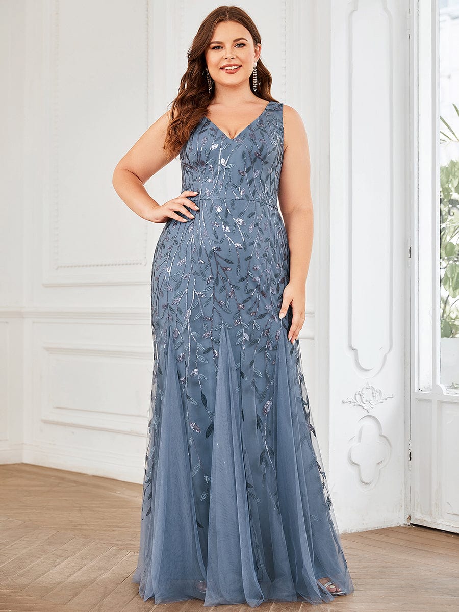 Women's Double V-Neck Fishtail Seuqin Evening Dress #color_Dusty Blue