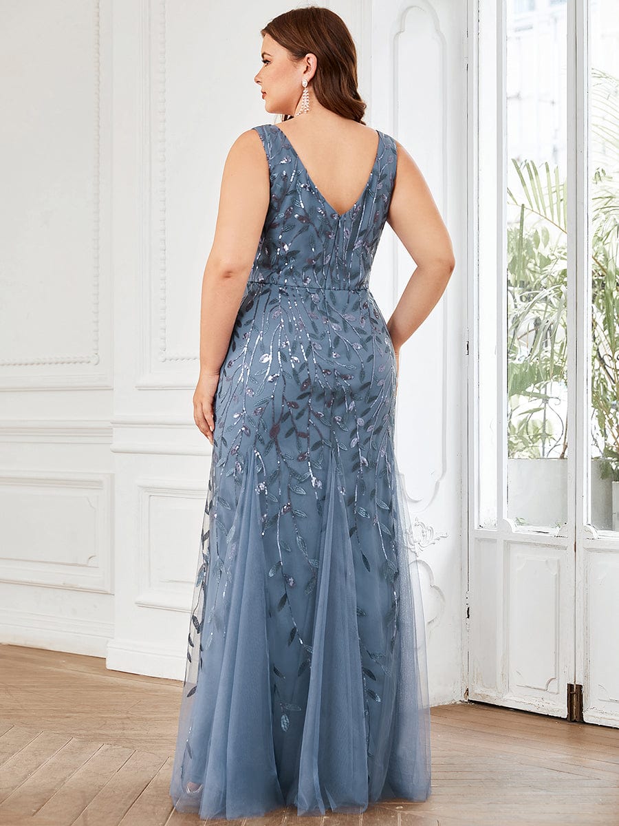 Women's Double V-Neck Fishtail Seuqin Evening Dress #color_Dusty Blue