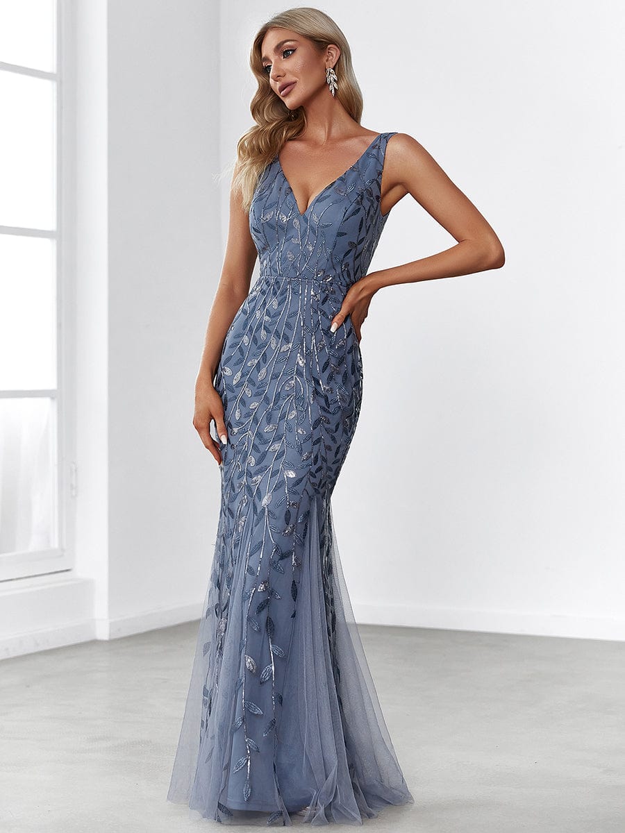 Women's Double V-Neck Fishtail Seuqin Evening Dress #color_Dusty Blue