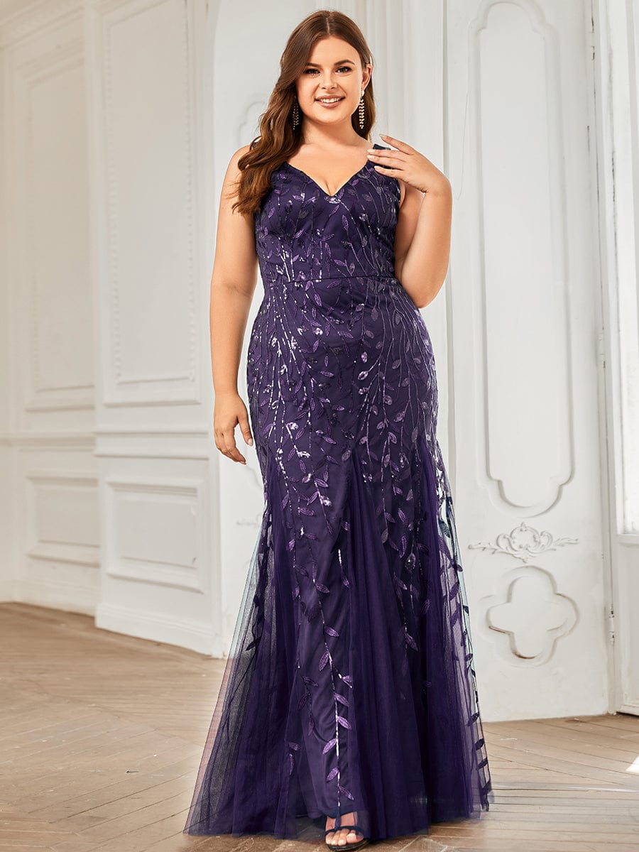 Plus Size Women's V-Neck Fishtail Seuqin Evening Dress #color_Dark Purple