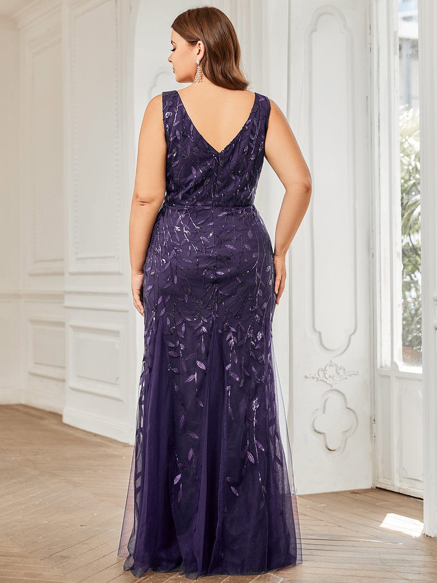 Women's Double V-Neck Fishtail Seuqin Evening Dress #color_Dark Purple