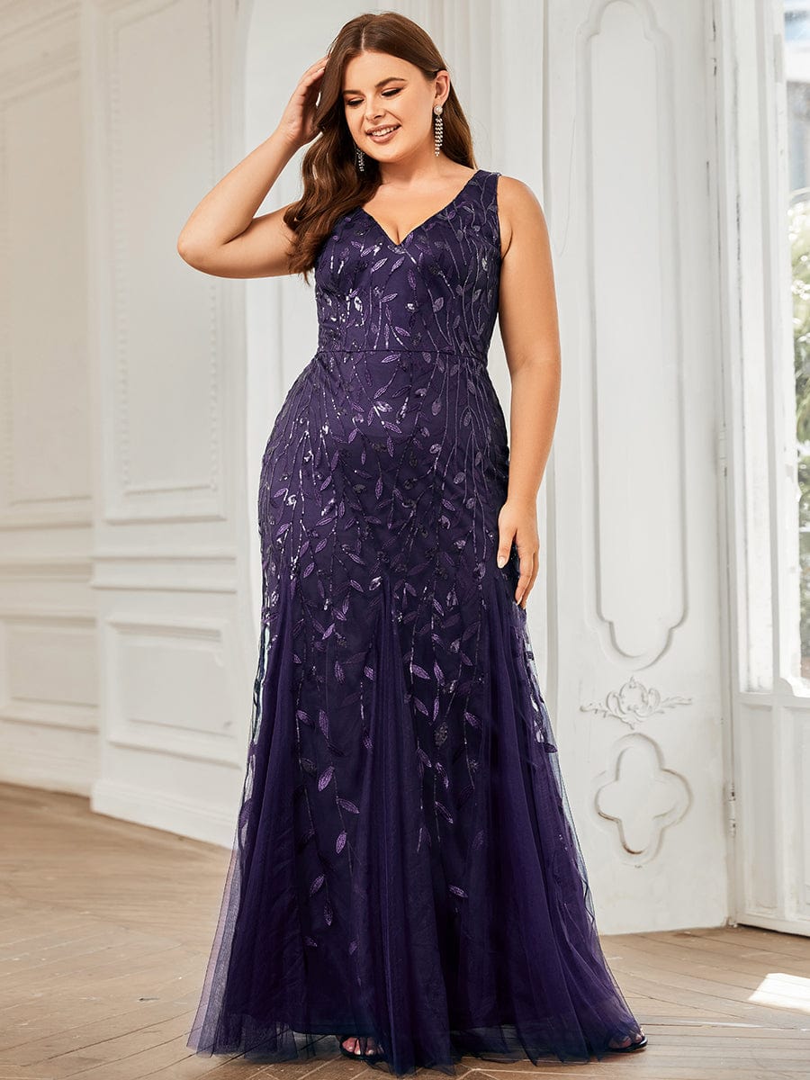 Women's Double V-Neck Fishtail Seuqin Evening Dress #color_Dark Purple