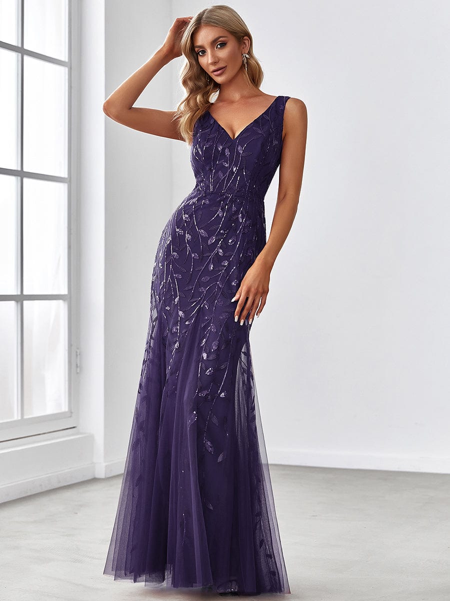 Women's Double V-Neck Fishtail Seuqin Evening Dress #color_Dark Purple