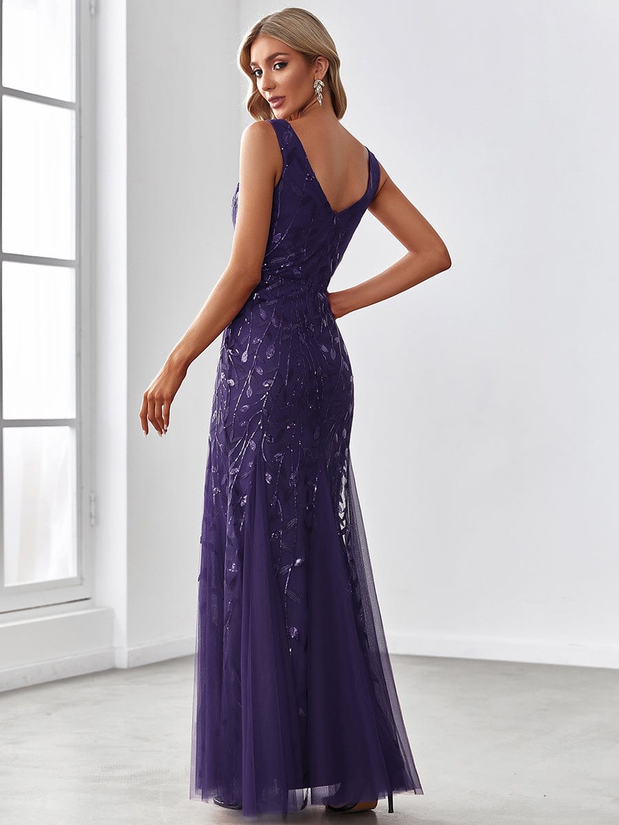 Women's Double V-Neck Fishtail Seuqin Evening Dress #color_Dark Purple