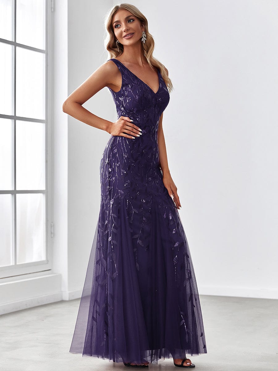 Women's Double V-Neck Fishtail Seuqin Evening Dress #color_Dark Purple