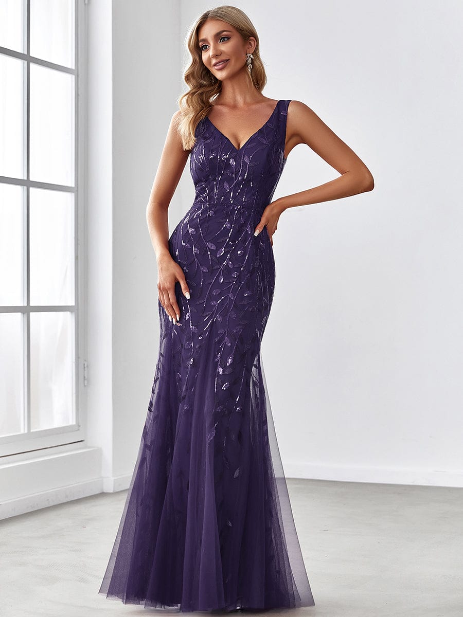 Women's Double V-Neck Fishtail Seuqin Evening Dress #color_Dark Purple