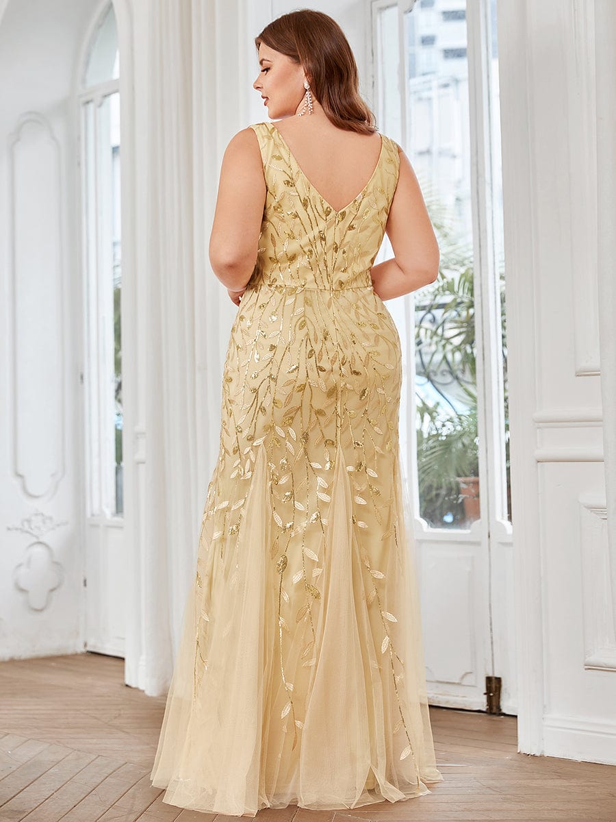 Women's Double V-Neck Fishtail Seuqin Evening Dress #color_Gold