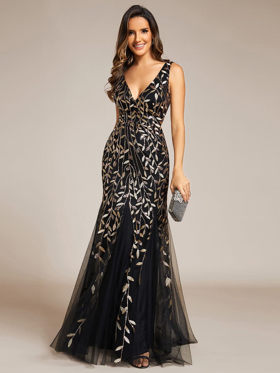 Women's Double V-Neck Fishtail Seuqin Evening Dress #color_Black & Gold