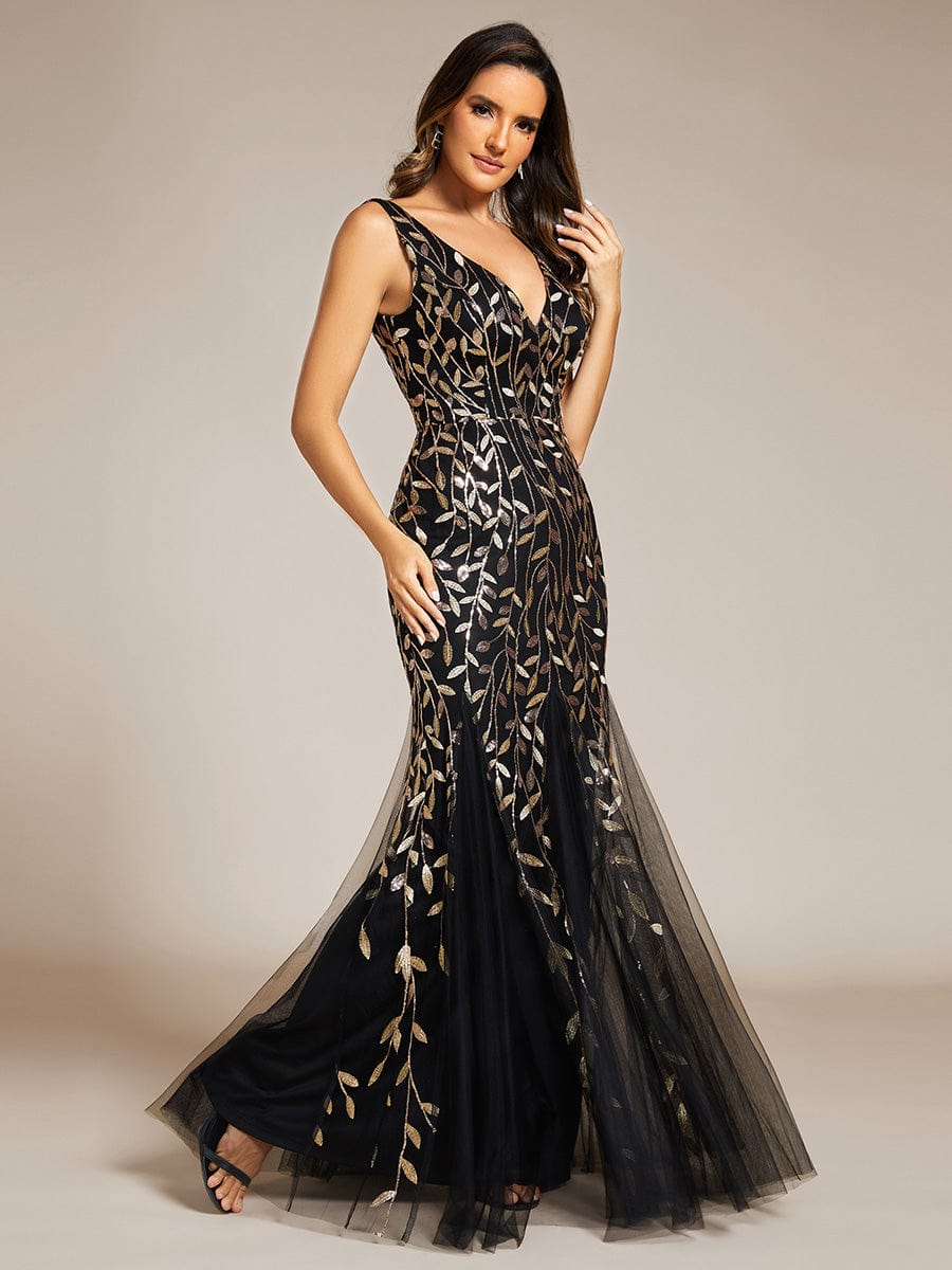 Women's Double V-Neck Fishtail Seuqin Evening Dress #color_Black & Gold