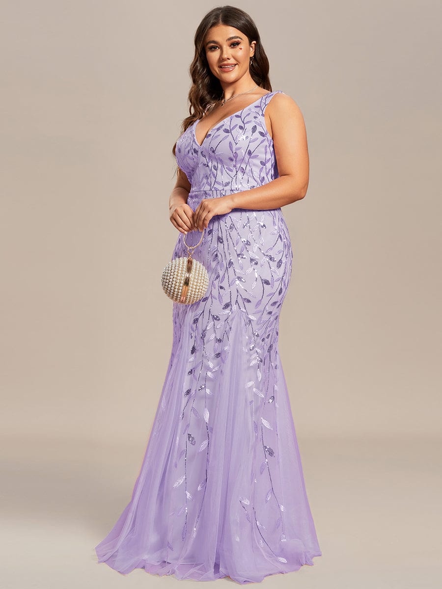 Plus Size Women's V-Neck Fishtail Seuqin Evening Dress #color_Lavender