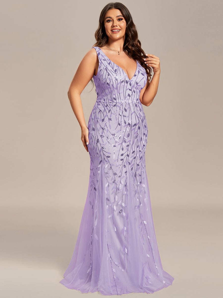 Plus Size Women's V-Neck Fishtail Seuqin Evening Dress #color_Lavender