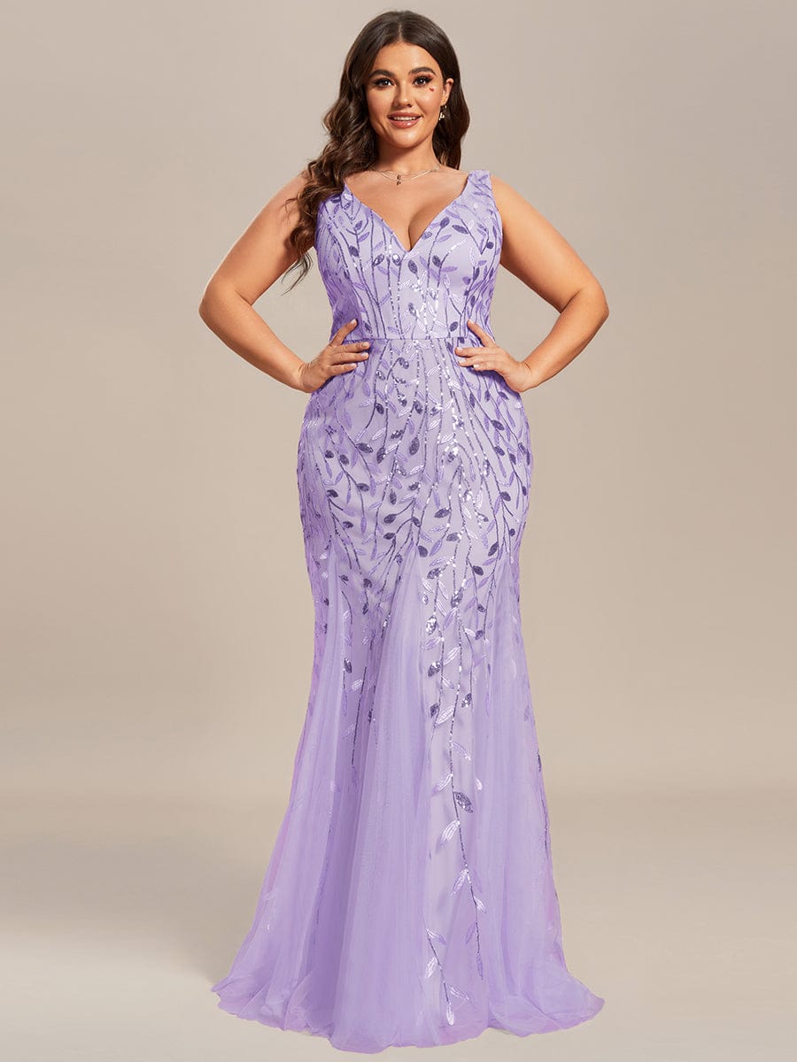 Plus Size Women's V-Neck Fishtail Seuqin Evening Dress #color_Lavender