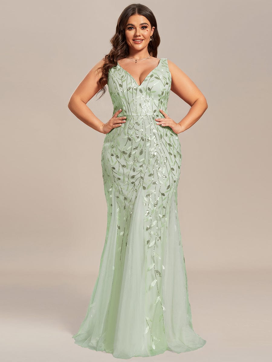 Plus Size Women's V-Neck Fishtail Seuqin Evening Dress #color_Mint Green