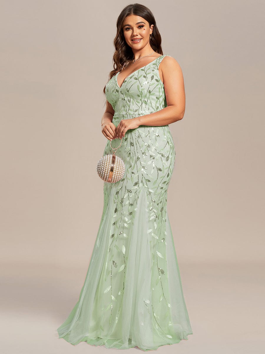 Plus Size Women's V-Neck Fishtail Seuqin Evening Dress #color_Mint Green