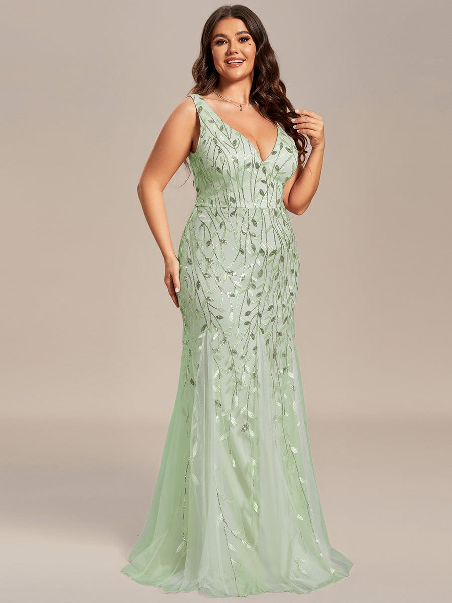 Women's Double V-Neck Fishtail Seuqin Evening Dress #color_Mint Green