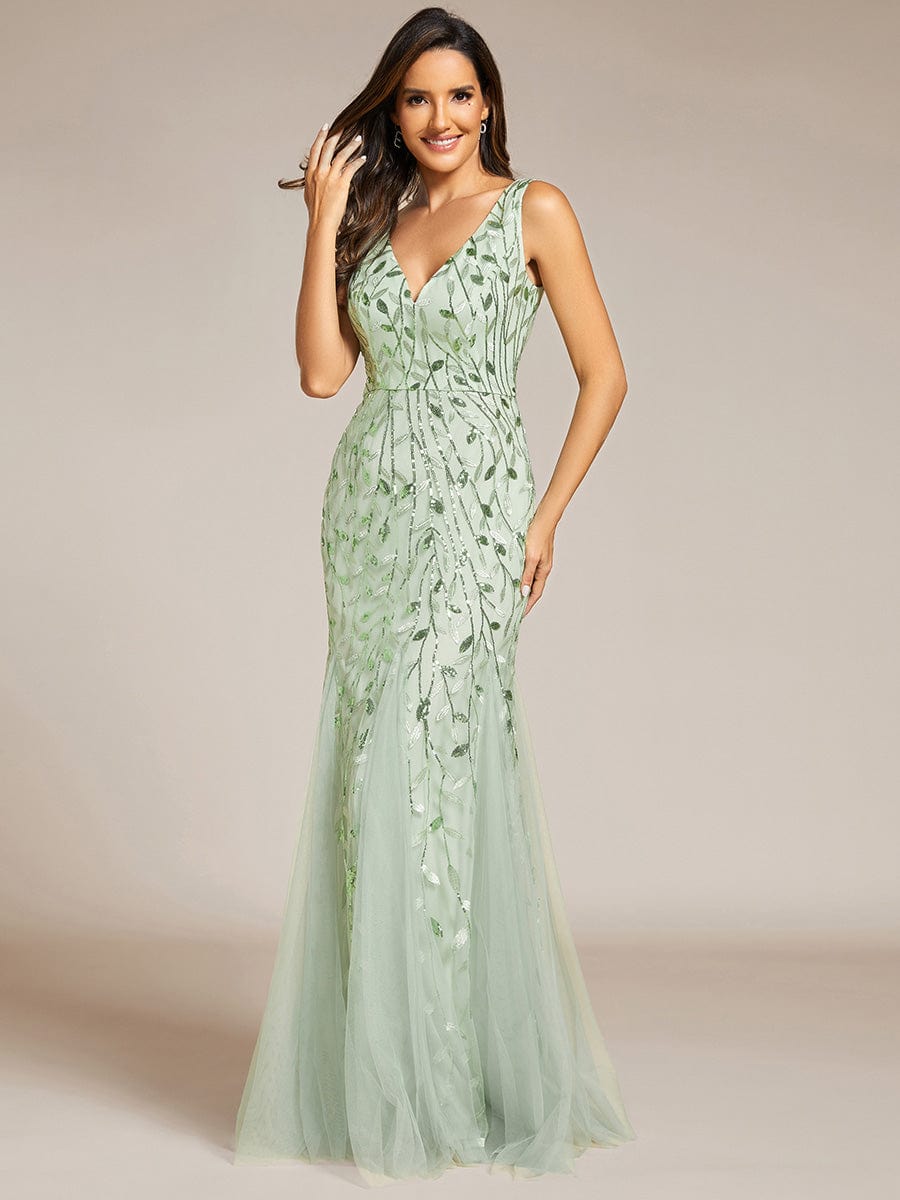 Women's Double V-Neck Fishtail Seuqin Evening Dress #color_Mint Green