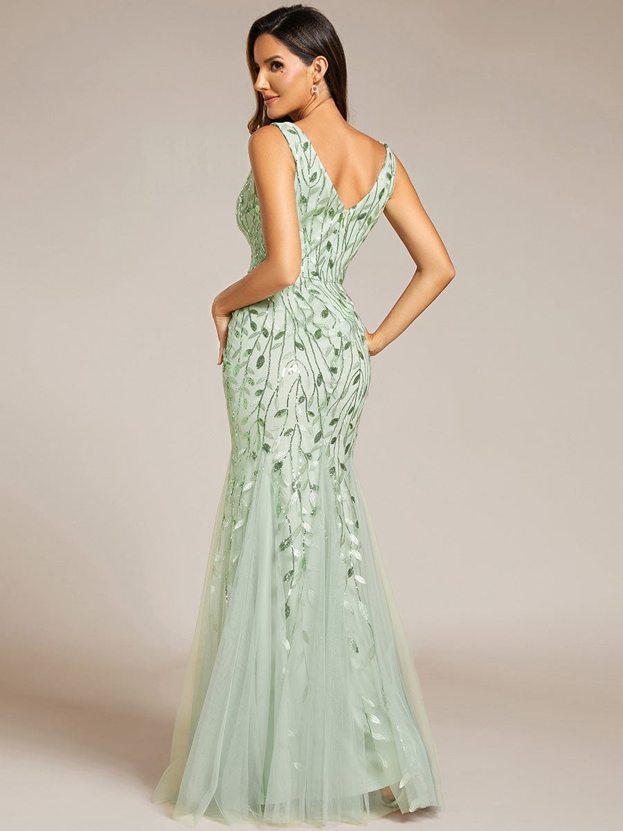 Women's Double V-Neck Fishtail Seuqin Evening Dress #color_Mint Green