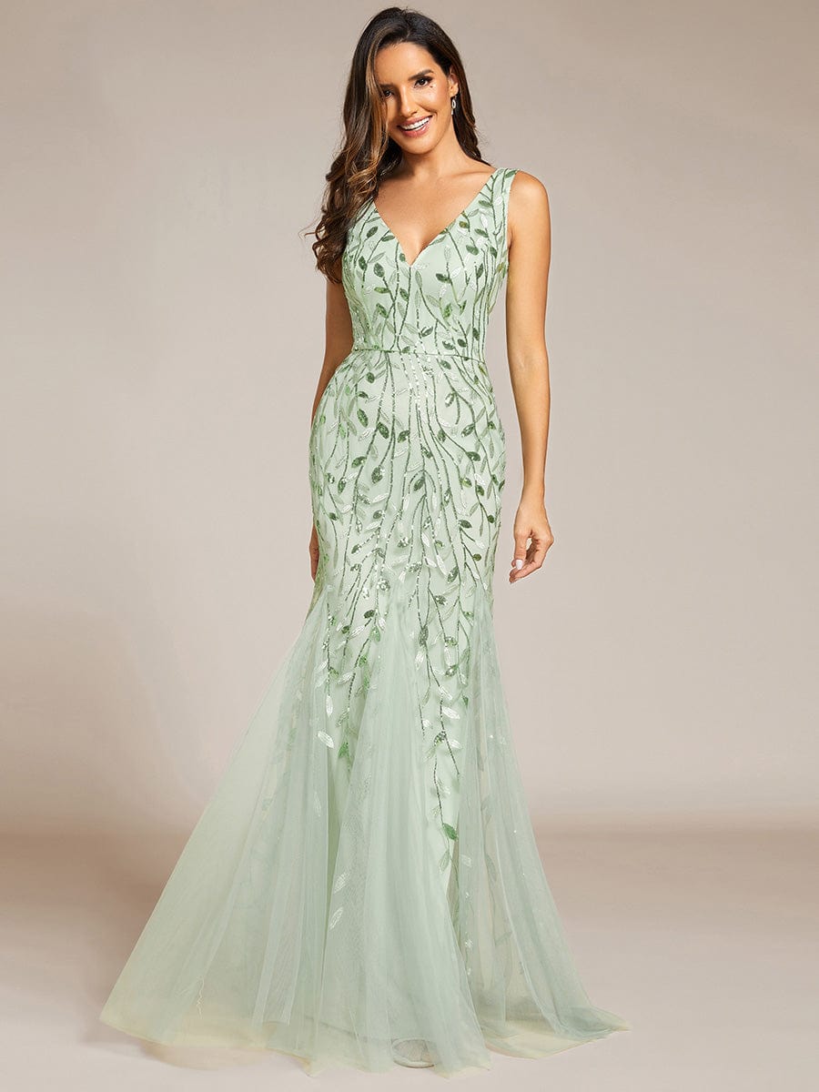 Women's Double V-Neck Fishtail Seuqin Evening Dress #color_Mint Green