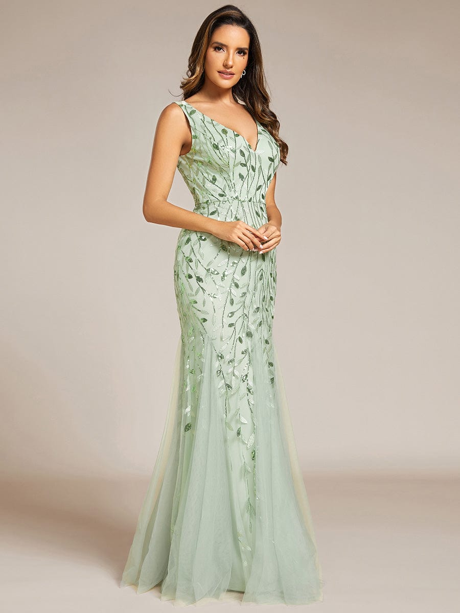 Women's Double V-Neck Fishtail Seuqin Evening Dress #color_Mint Green