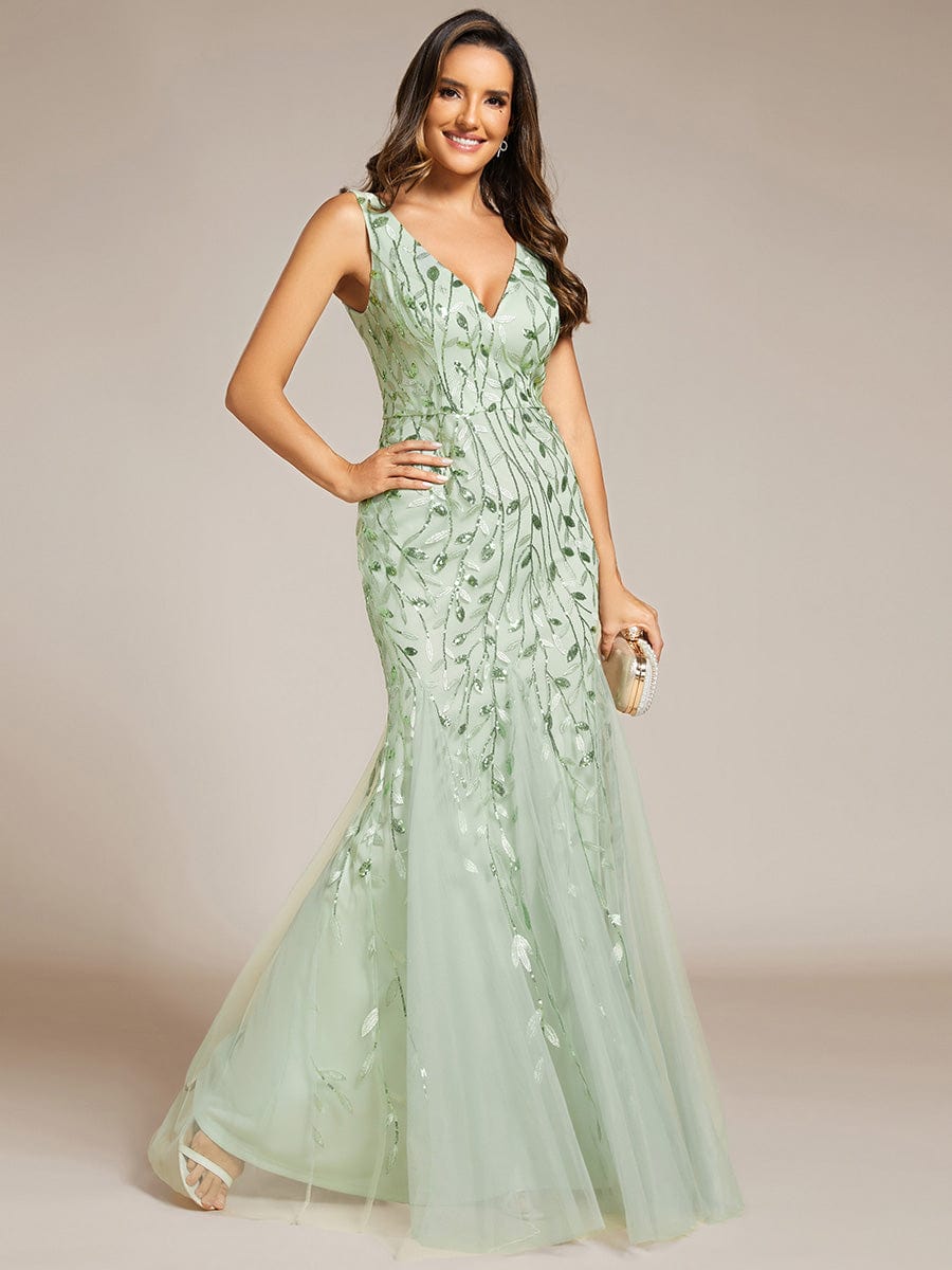 Women's Double V-Neck Fishtail Seuqin Evening Dress #color_Mint Green