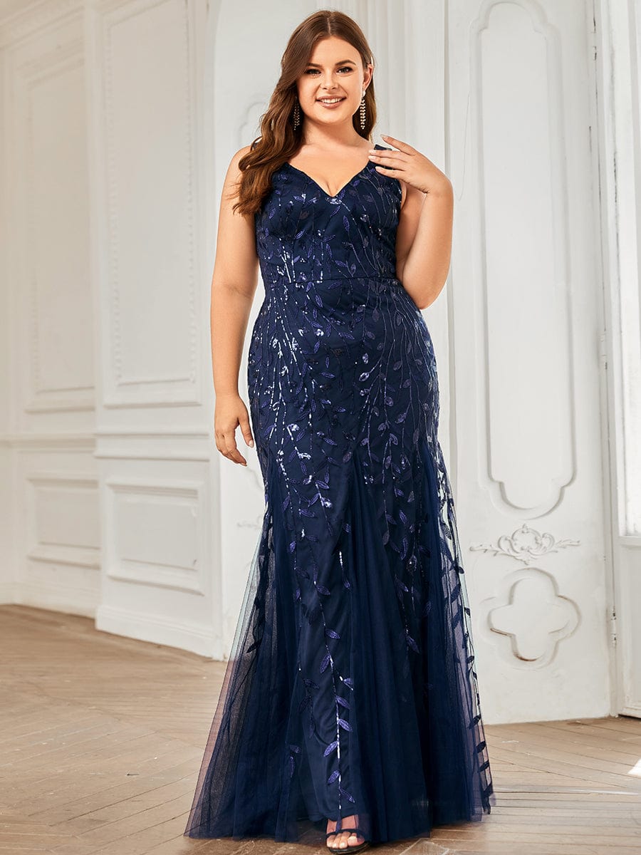 Women's Double V-Neck Fishtail Seuqin Evening Dress #color_Navy Blue