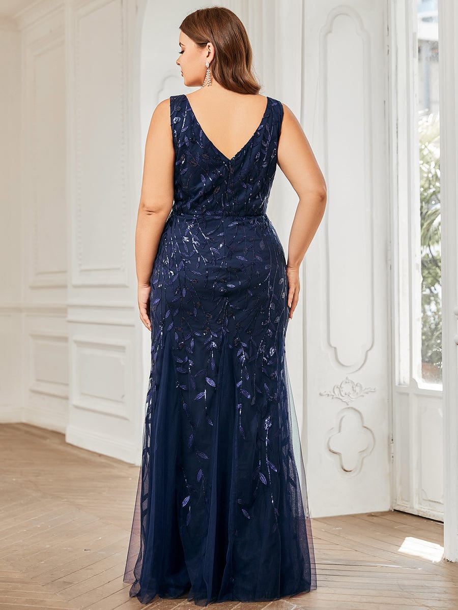 Women's Double V-Neck Fishtail Seuqin Evening Dress #color_Navy Blue