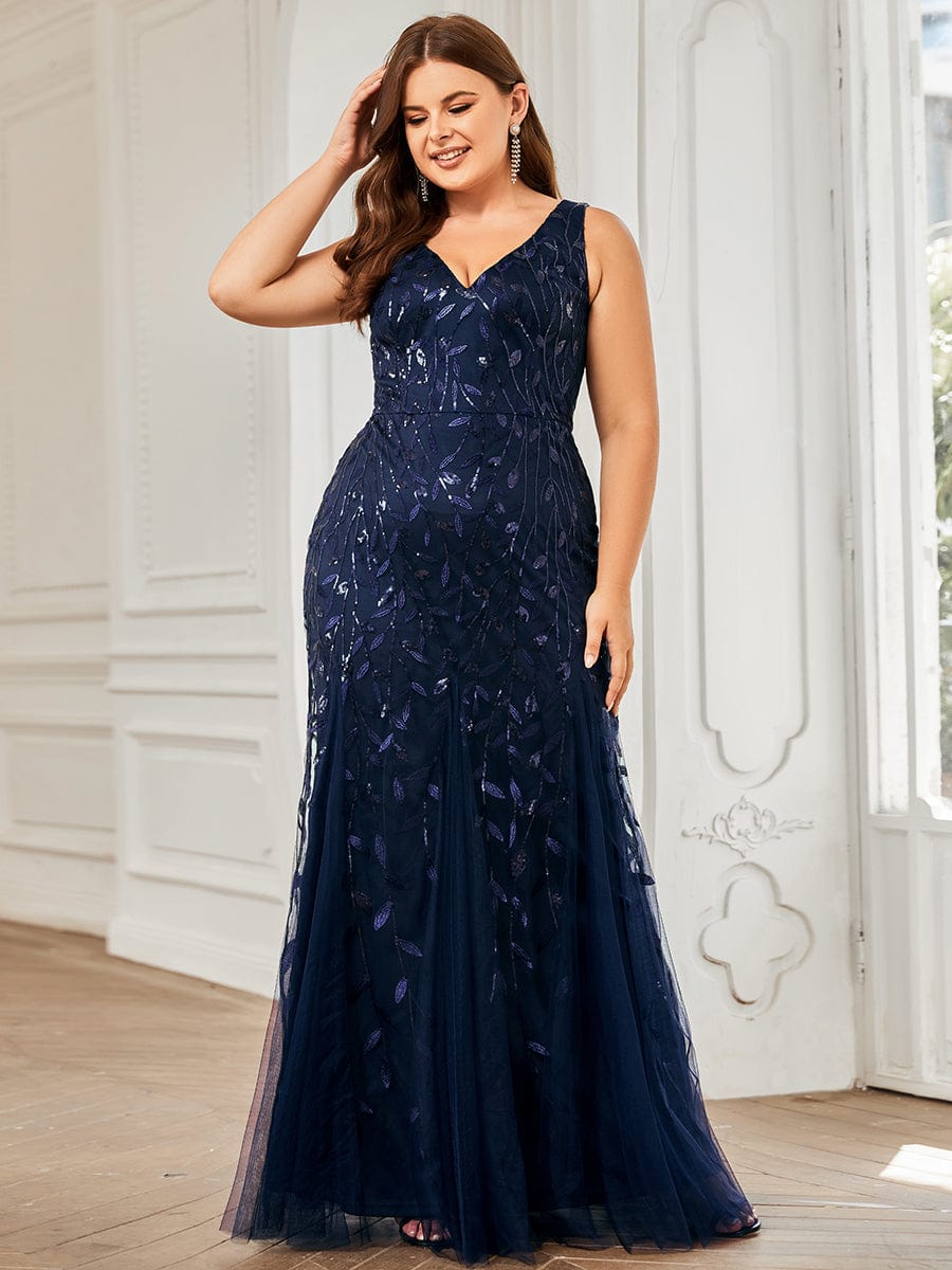 Plus Size Women's V-Neck Fishtail Seuqin Evening Dress #color_Navy Blue