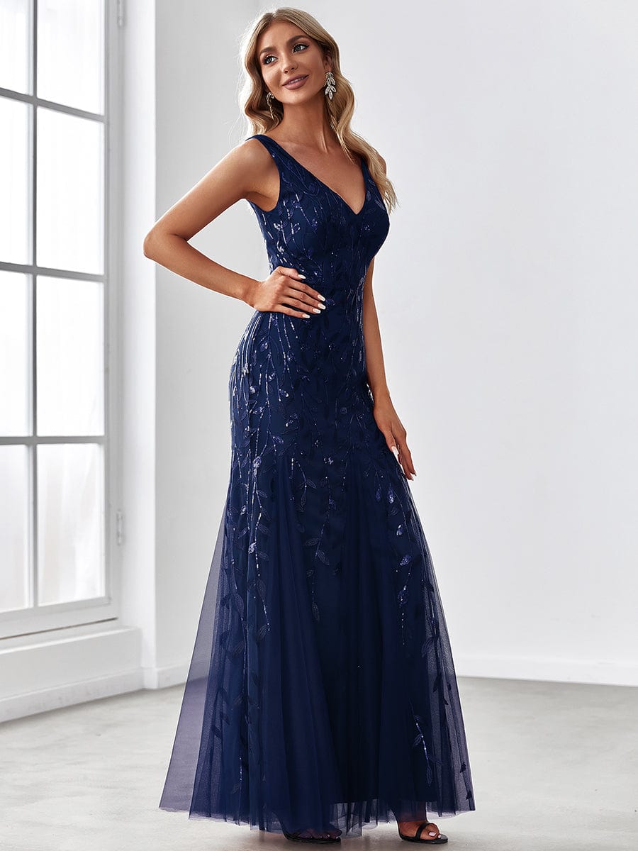 Women's Double V-Neck Fishtail Seuqin Evening Dress #color_Navy Blue