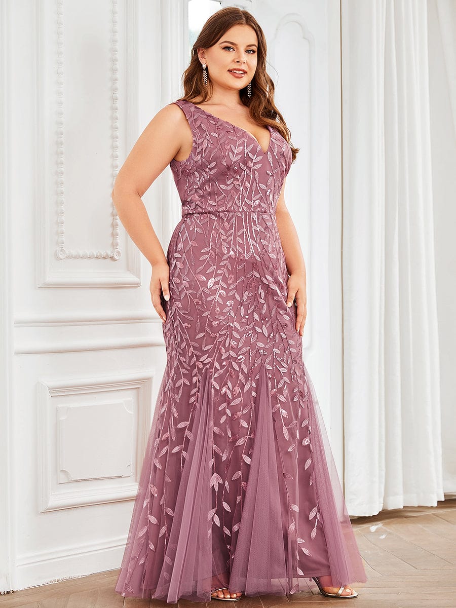 Plus Size Women's V-Neck Fishtail Seuqin Evening Dress #color_Purple Orchid