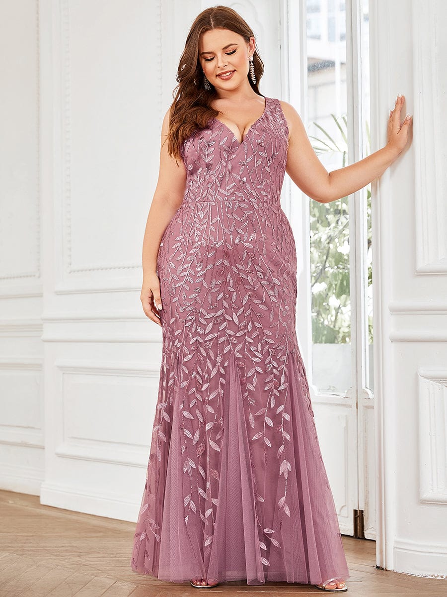 Plus Size Women's V-Neck Fishtail Seuqin Evening Dress #color_Purple Orchid