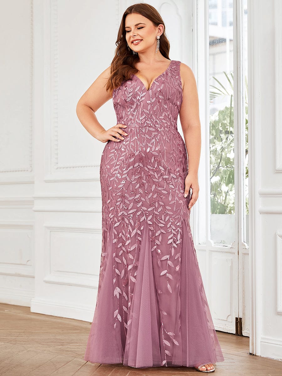 Women's Double V-Neck Fishtail Seuqin Evening Dress #color_Purple Orchid