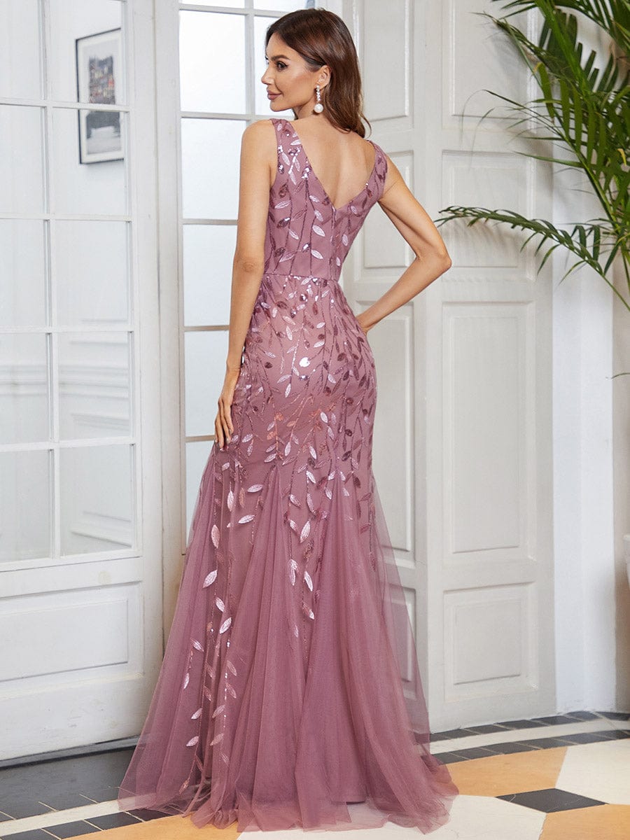 Women's Double V-Neck Fishtail Seuqin Evening Dress #color_Purple Orchid