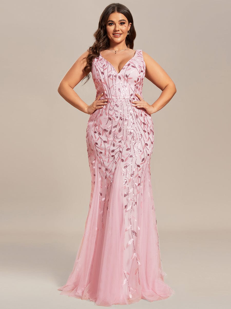 Women's Double V-Neck Fishtail Seuqin Evening Dress #color_Pink