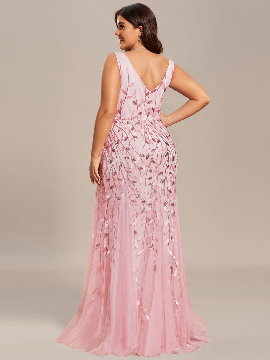 Women's Double V-Neck Fishtail Seuqin Evening Dress #color_Pink