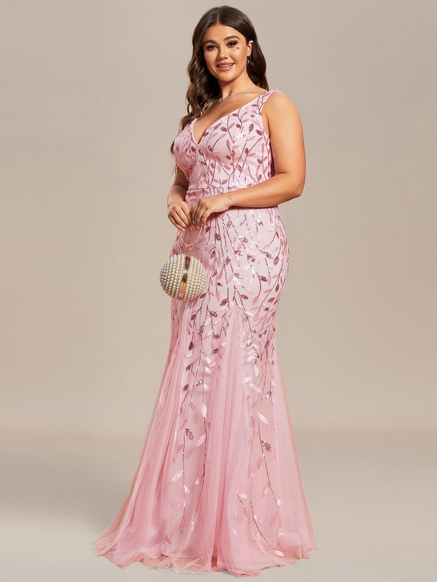 Women's Double V-Neck Fishtail Seuqin Evening Dress #color_Pink