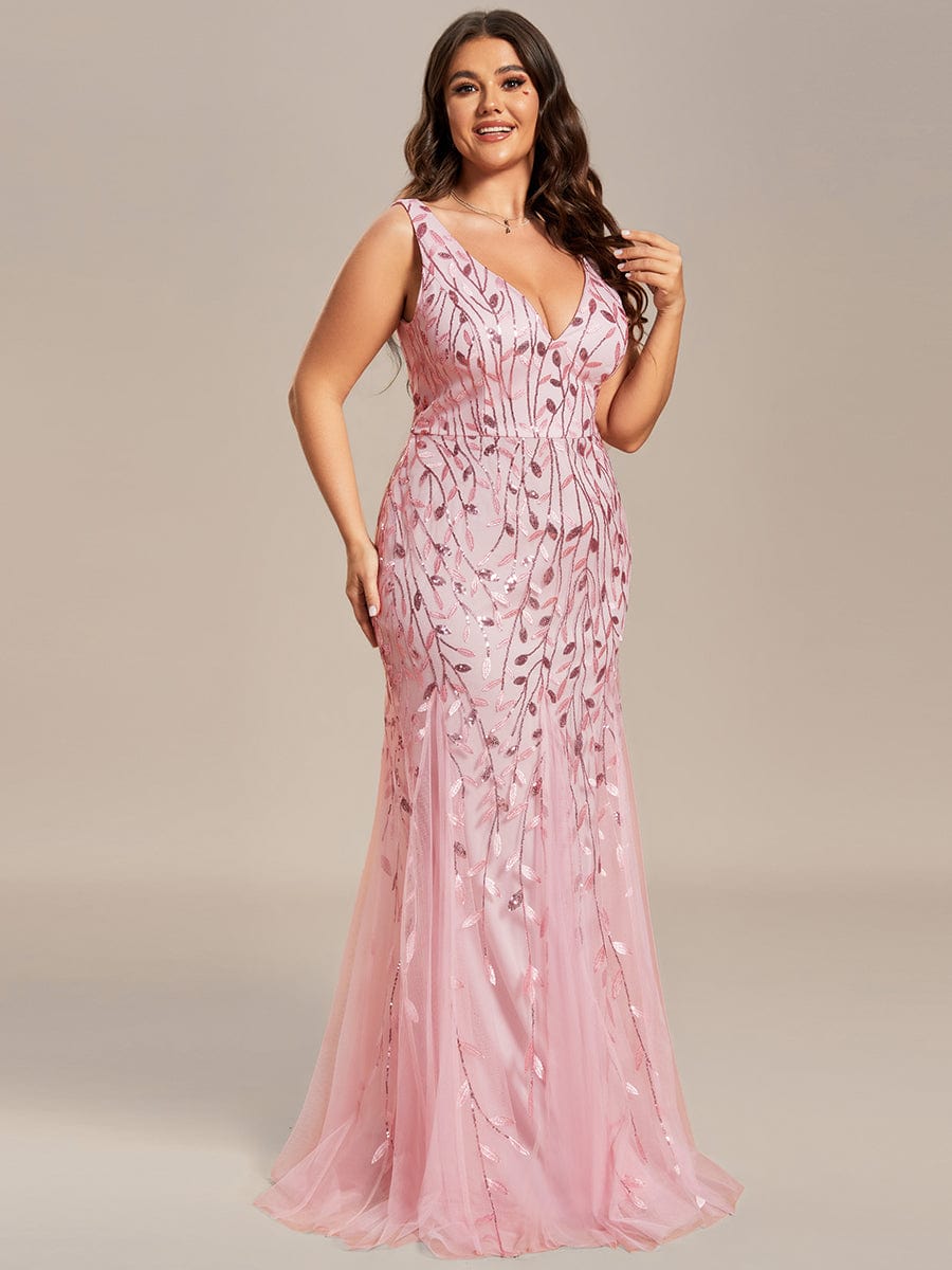 Women's Double V-Neck Fishtail Seuqin Evening Dress #color_Pink