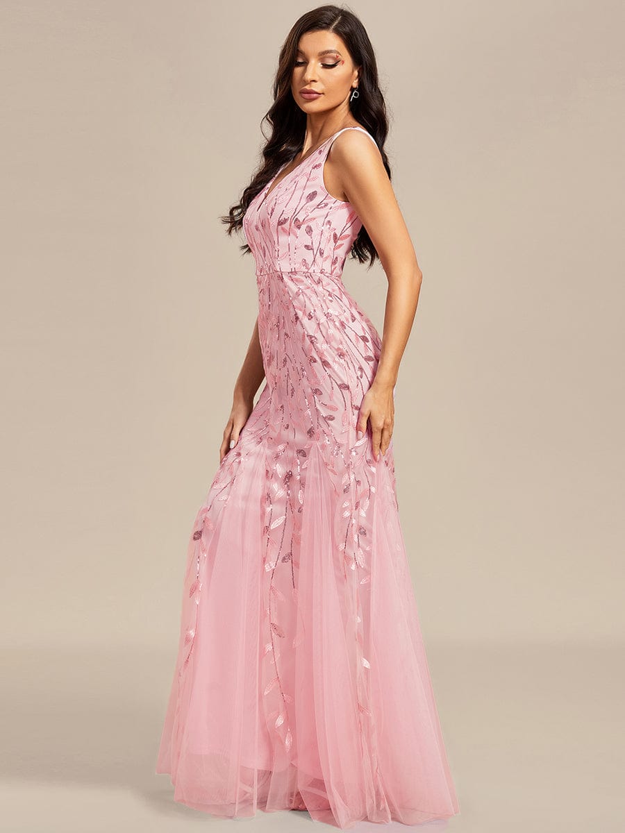 Women's Double V-Neck Fishtail Seuqin Evening Dress #color_Pink