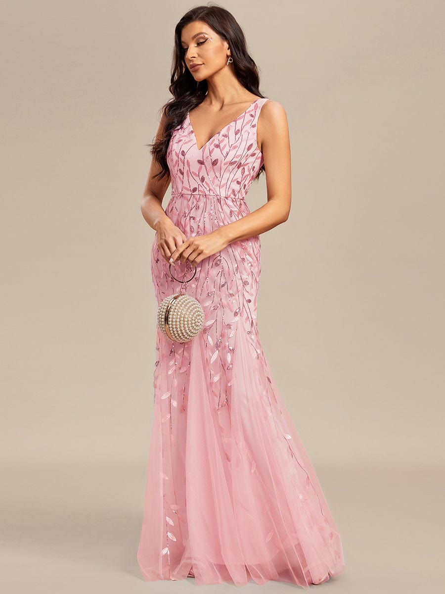 Women's Double V-Neck Fishtail Seuqin Evening Dress #color_Pink