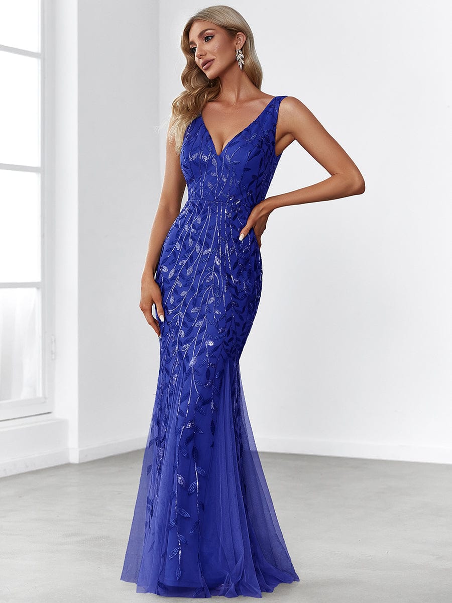 Plus Size Women's V-Neck Fishtail Seuqin Evening Dress #color_Sapphire Blue