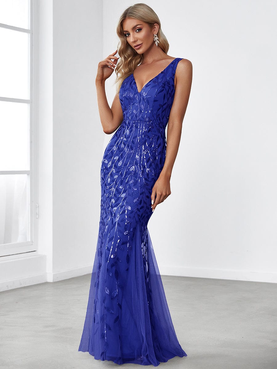 Plus Size Women's V-Neck Fishtail Seuqin Evening Dress #color_Sapphire Blue