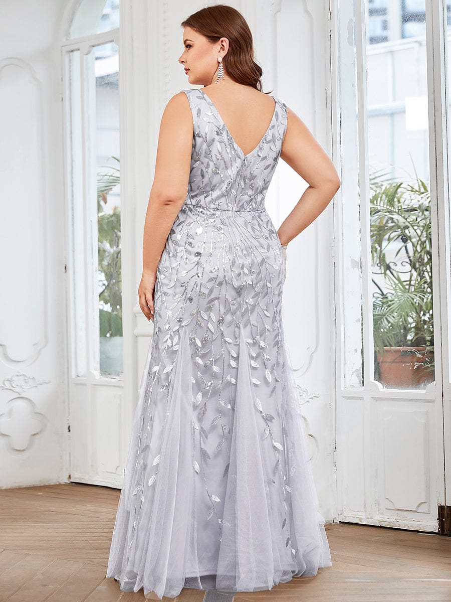 Women's Double V-Neck Fishtail Seuqin Evening Dress #color_Silver