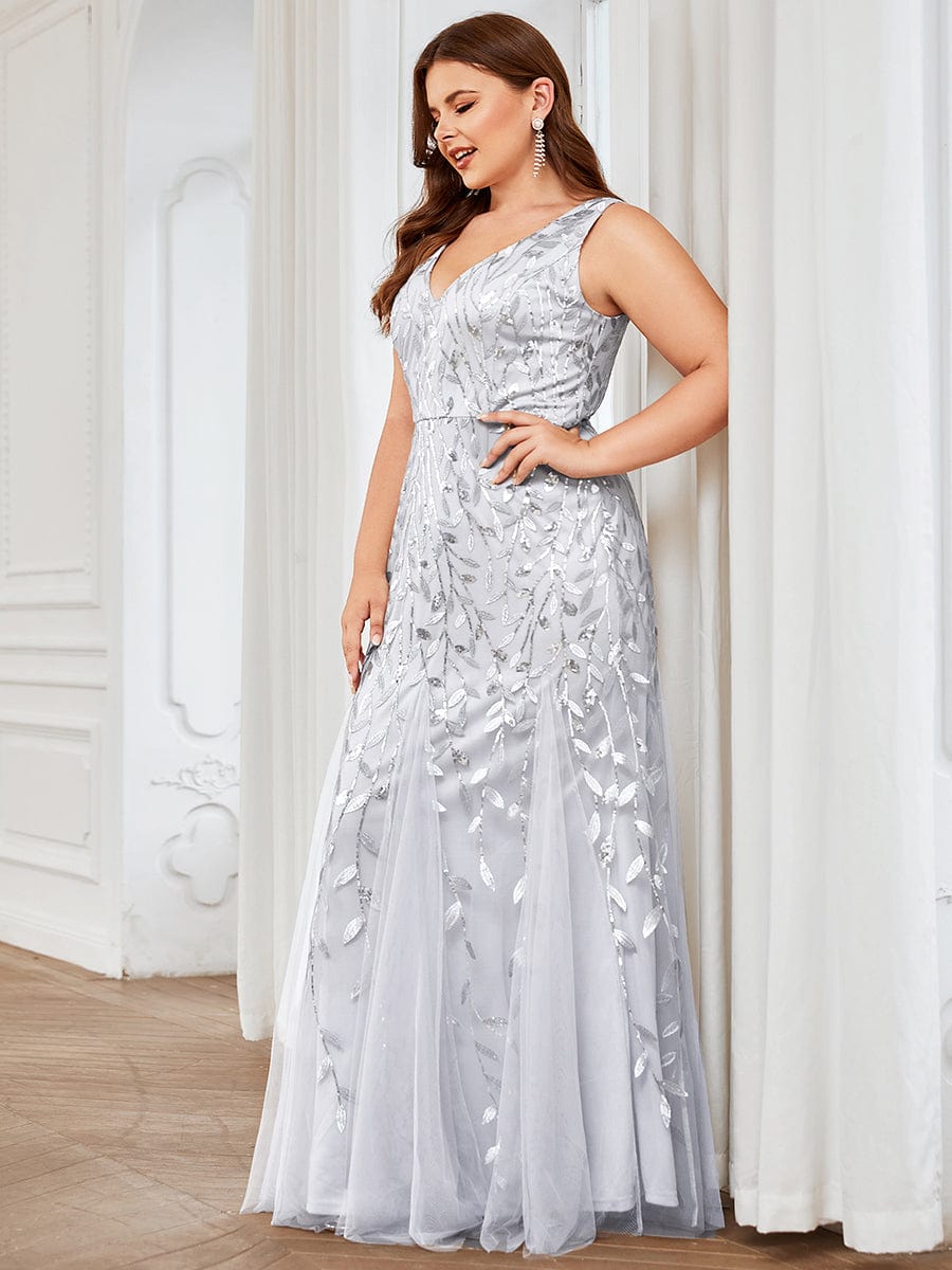 Women's Double V-Neck Fishtail Seuqin Evening Dress #color_Silver