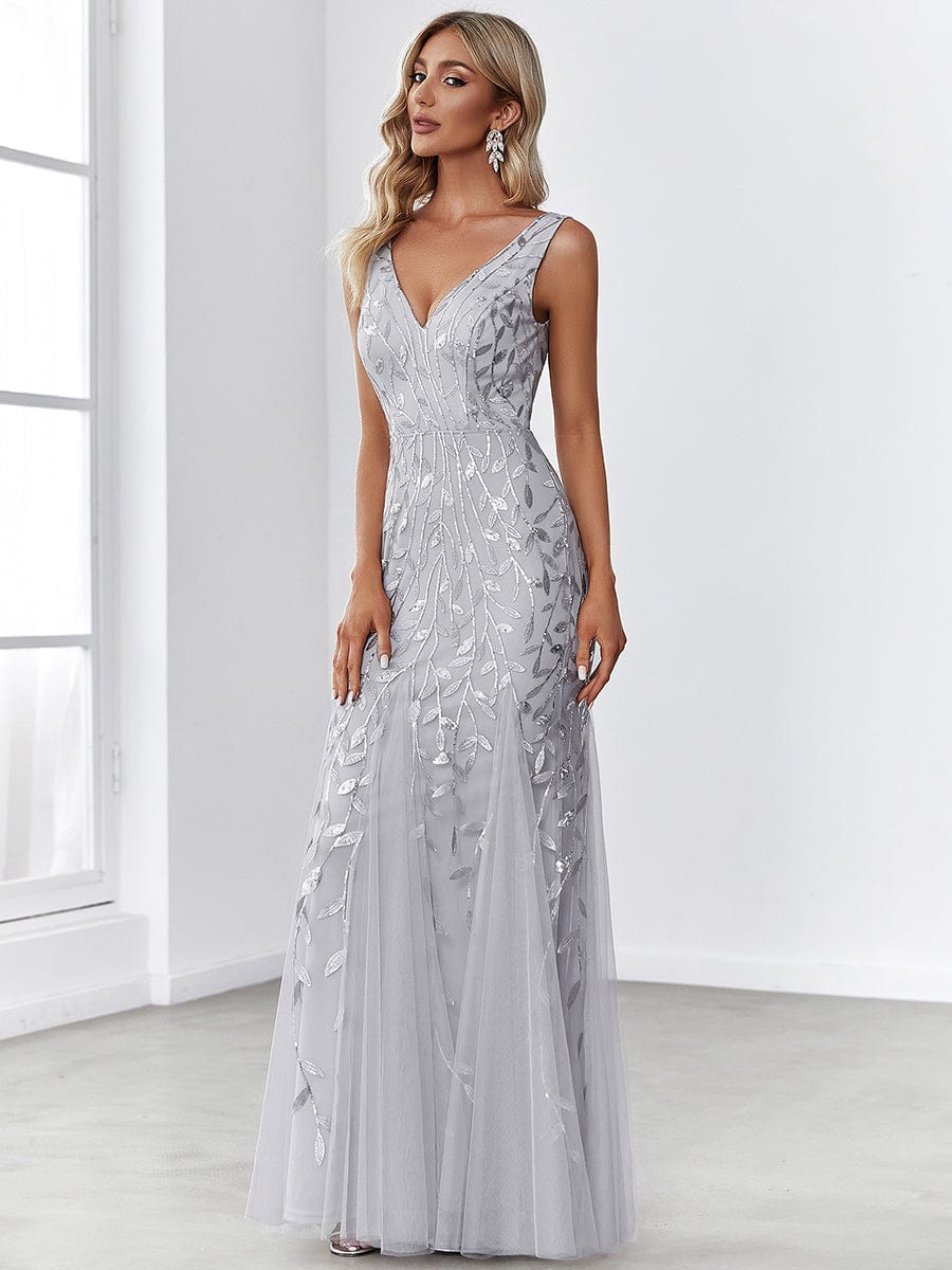 Women's Double V-Neck Fishtail Seuqin Evening Dress #color_Silver