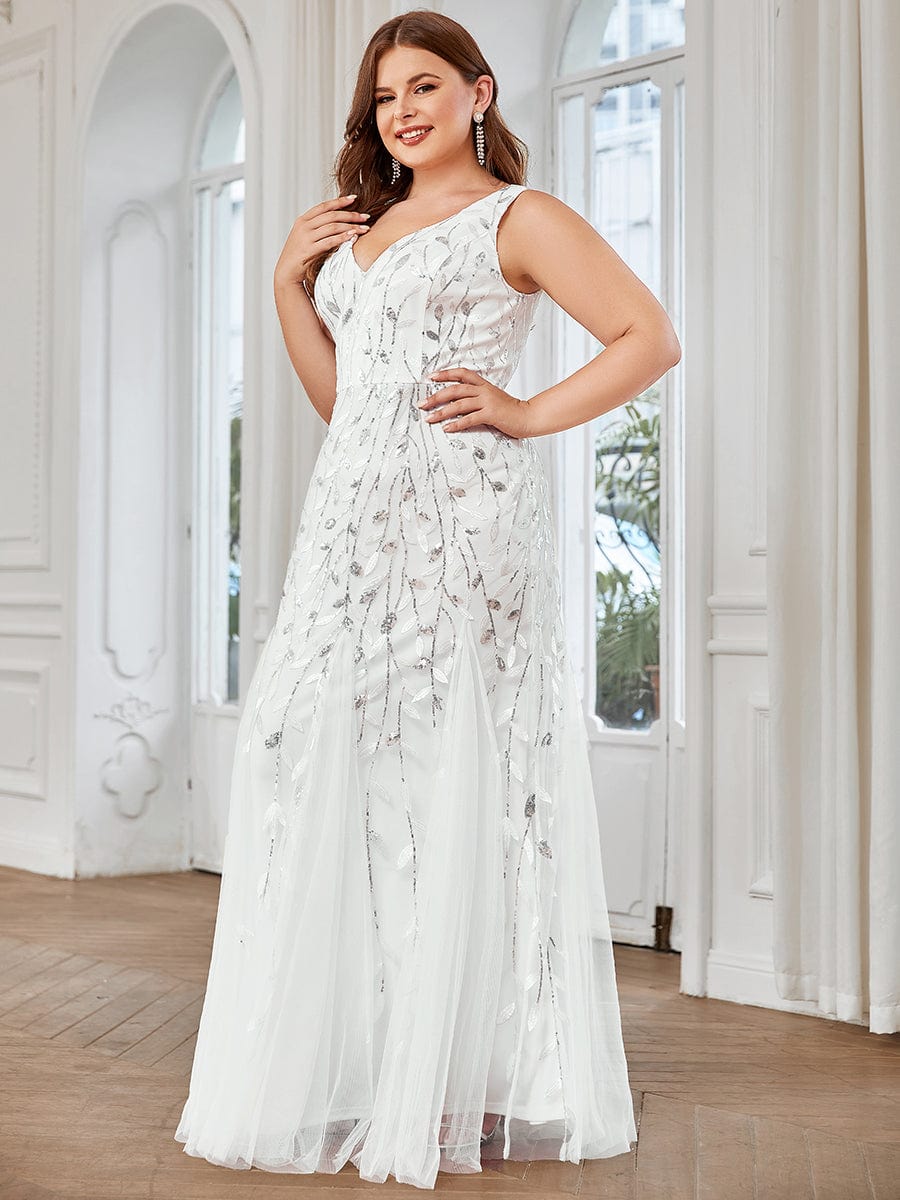 Plus Size Women's V-Neck Fishtail Seuqin Evening Dress #color_White