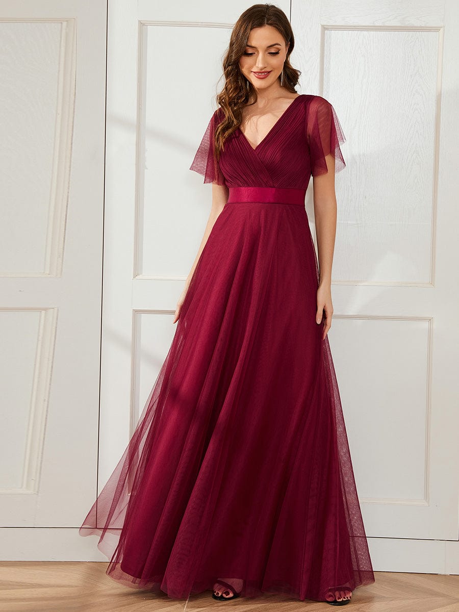 Double V-Neck Tulle Floor-Length Bridesmaid Dress #color_Burgundy