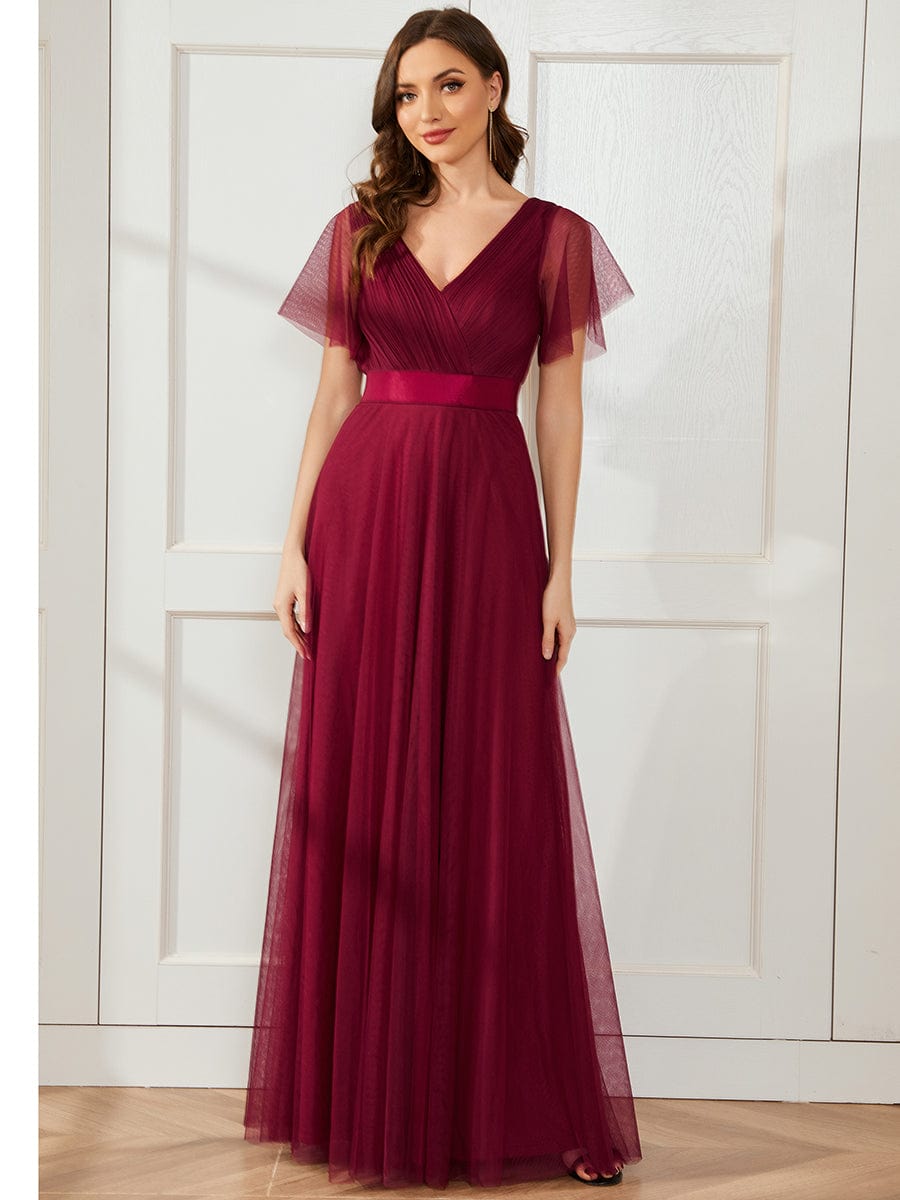 Double V-Neck Tulle Floor-Length Bridesmaid Dress #color_Burgundy