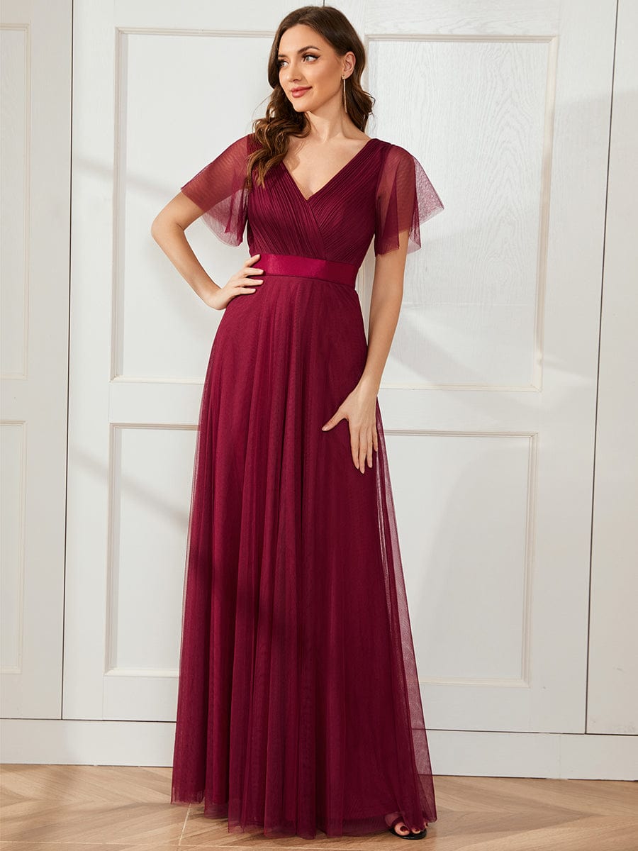 Double V-Neck Tulle Floor-Length Bridesmaid Dress #color_Burgundy